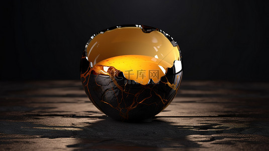 3D 渲染中带有反射和黑色背景的破裂壳中的发光蛋黄