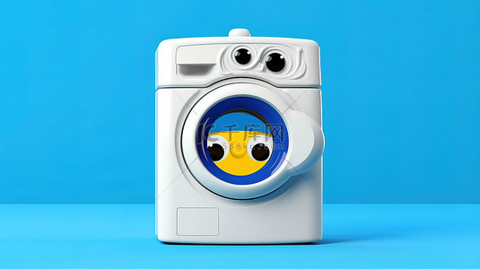 卡通手镯背景图片_带有现代白色洗衣机角色吉祥物和蓝色健身追踪器的黄色背景的 3D 渲染