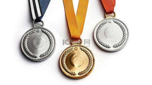 一套三枚奖牌 3D 渲染白色背景金银牌和铜牌