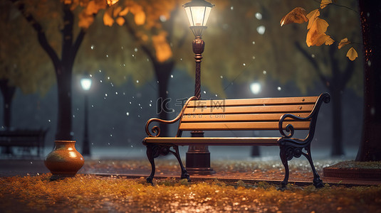 孤独背景图片_秋雨公园灯笼下的孤独长凳的 3D 渲染