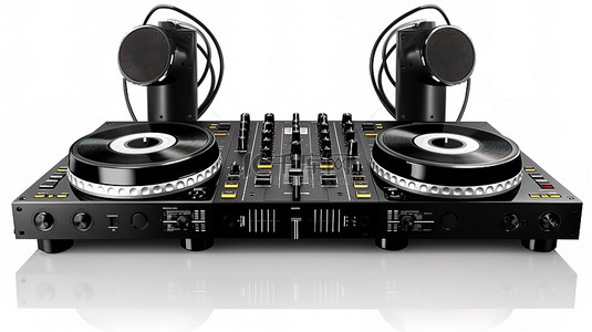 玩大转盘背景图片_纯白色背景上 DJ 转盘和耳机的 3D 渲染图像