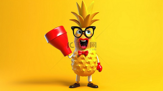 时髦菠萝吉祥物的生动 3D 渲染，在充满活力的黄色背景上配有红色复古扩音器，具有卡通时尚氛围