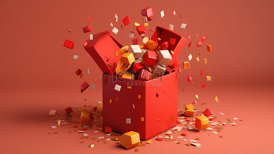 打开礼盒背景图片_爆炸性惊喜礼品盒 3d 渲染插图，问候运气和特别优惠