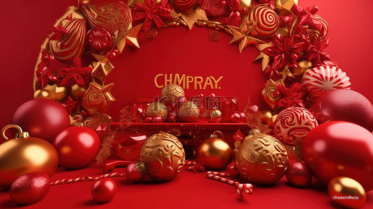 圣诞快乐的文字周围环绕着 3D 渲染的雪花糖果铃和充满活力的红色表面上的金色装饰