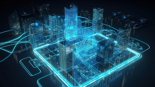 技术手机背景图片_未来派蓝色线框城市建筑和采用 5G 技术的手机由发光粒子 3D 渲染照亮
