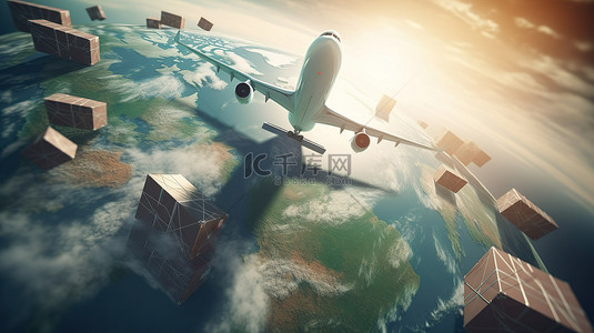 地球鸟瞰图与飞行飞机集装箱船和 3D 包裹