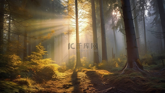 秋天风景背景图片_太阳亲吻的童话森林 晨雾和照明树叶的 3D 插图