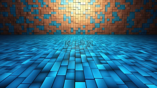 浅色背景的 3D 渲染突出显示木地板和墙壁纹理上的蓝色图案