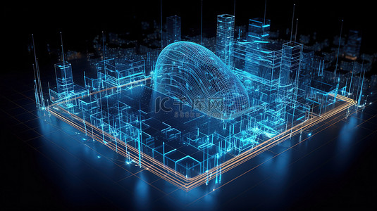 物联网背景图片_蓝色线框城市建筑和手机的令人惊叹的 3D 渲染，带有由 5G 技术驱动的照明粒子