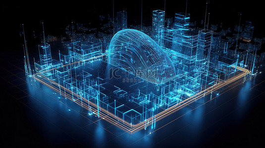 蓝色线框城市建筑和手机的令人惊叹的 3D 渲染，带有由 5G 技术驱动的照明粒子