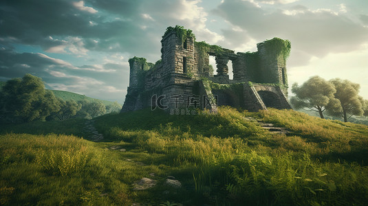 童话城背景图片_郁郁葱葱的绿色草地上废弃和老化的石砖墙城堡的 3D 插图
