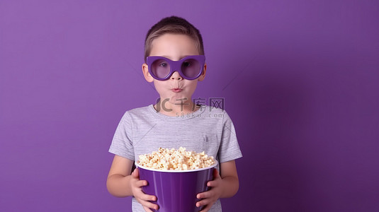 戴着 3D 眼镜和一大桶爆米花的孩子站在充满活力的紫色墙上