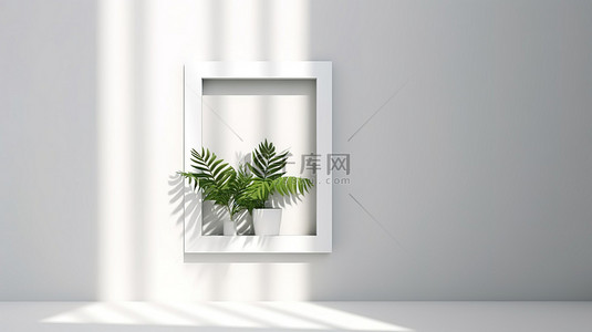 叶影背景图片_3D 渲染的白墙模型，叶影和阳光突出空框