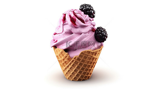 白色背景背景图片_华夫饼锥中精美细致的黑莓冰淇淋，白色背景上的 3D 渲染