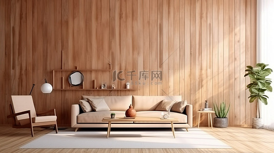 木板装饰客厅的 3D 渲染