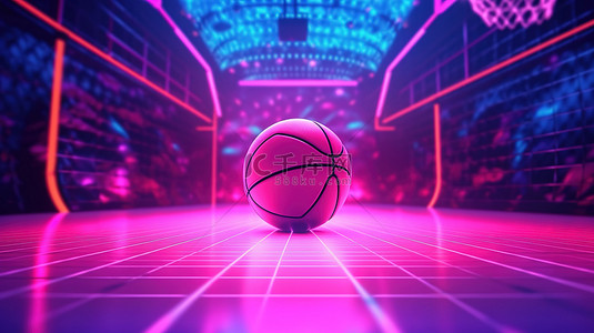 带篮球框的虚拟运动场的霓虹灯粉红色和蓝色 3D 渲染