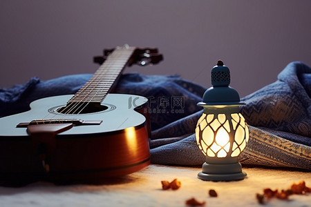 地毯上的小灯笼前放着一把吉他