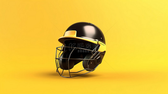 板球头盔 3D 渲染真实的模型，与黄色背景隔离