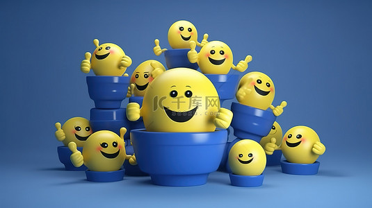 3D 渲染的 facebook 反应表情符号和社交媒体气球符号的高级图像，带有竖起大拇指，如蓝色背景上的图标