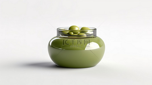 洗橄榄背景图片_白色背景模型的 3D 渲染，配有橄榄色化妆品罐，带盖适合奶油或凝胶