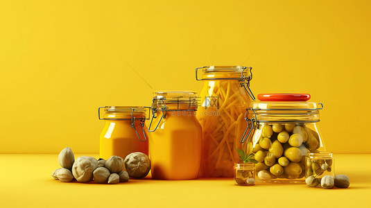 黄色背景，3D 渲染的厨具罐装蔬菜和罐子里的油
