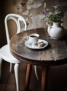 茶背景图片_木桌上的白色椅子和茶具