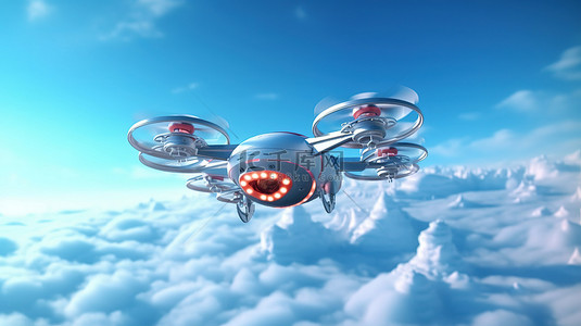漂浮的四轴飞行器在 3D 插图中翱翔在云层之上