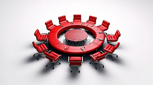 白色背景 3D 可视化中带有红色皮革行政座椅的圆椅的企业装配安排