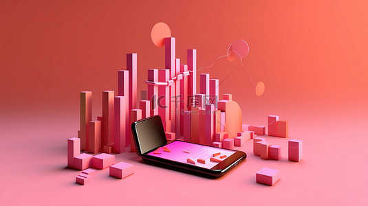 手机营销数据背景图片_粉红色背景的 3D 渲染与智能手机和不断增长的图表代表金融企业的智能营销策略
