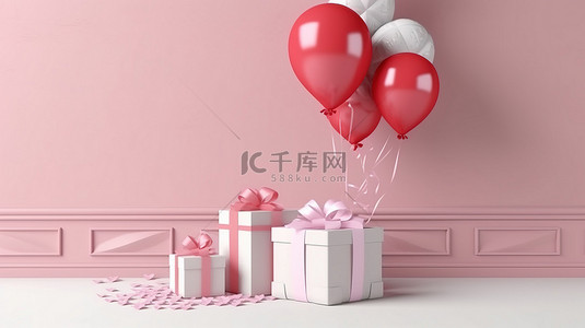 情人节贺卡模板背景图片_母亲节装饰背景的 3D 渲染插图，配有礼品盒心形气球和欢乐的氛围