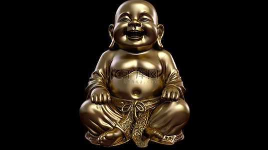 孤立在黑色中国金色和尚佛像上，摆出快乐的姿势 3D 渲染图像