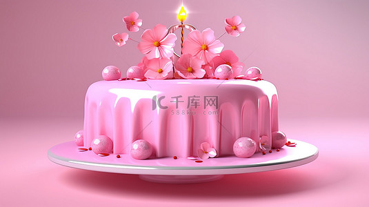 3D 设计的粉色生日蛋糕，顶部有一颗樱桃插图