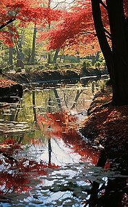 投影背景图片_一个大池塘里长满了红叶和树木
