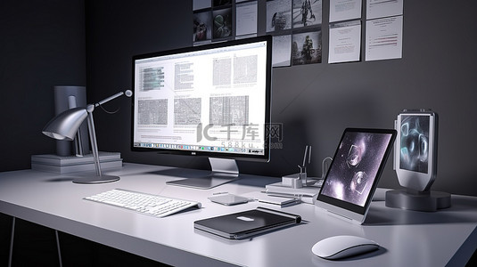 软件工作背景图片_虚拟工作区以计算机和智能手机屏幕上显示的健康软件为特色