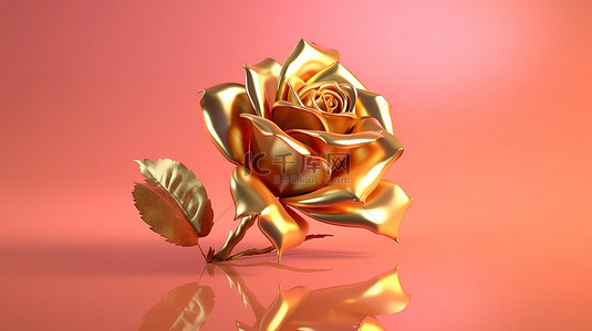 反光粉红色背景上金色玫瑰的 3D 渲染