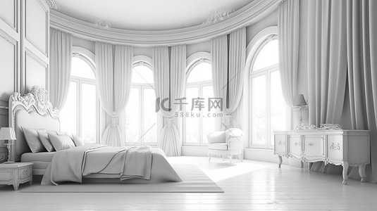 优雅的白色卧室内饰我的 3D 渲染照片，可欣赏风景