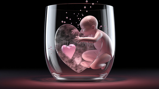 心形主题玻璃显示屏，展示母亲照顾婴儿的 3D 渲染