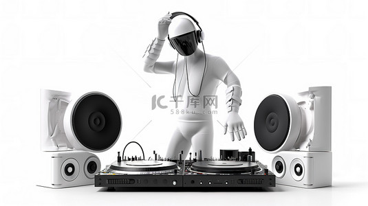 渲染 DJ 的 3D 图像，带有转盘扬声器和耳机在白色背景上运行