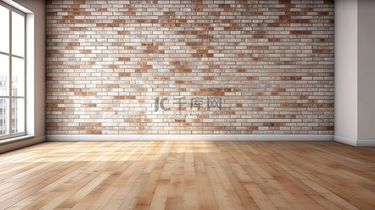 木地板和砖墙与白色地毯的 3D 渲染