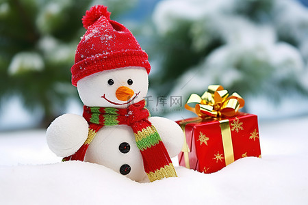 一个雪人躺在礼物前的雪地上