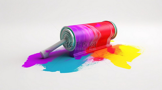 白色表面上充满活力的彩虹油漆描边与油漆滚筒 3D 渲染