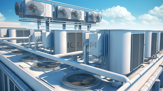 工业背景图片_安装在建筑物屋顶上的空调通风机和管道的 3D 插图，用于高效的空调系统