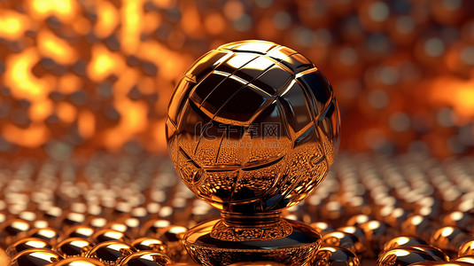 金色奖杯与篮球在极端近距离 3D 渲染