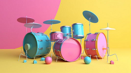 卡通 3D 鼓组为蓝色和粉色，背景为 3D 渲染的黄色