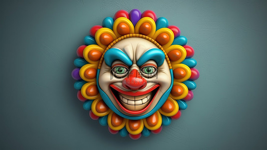 充满活力的纽扣眼小丑面具的 3D 插图