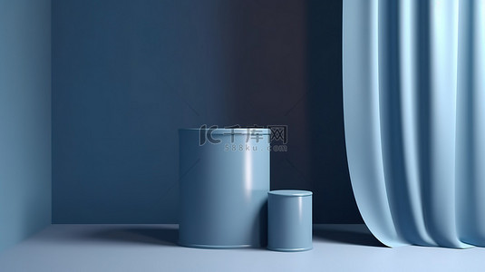 圆柱体讲台或基座的最小 3D 渲染，非常适合在带有窗帘的中性蓝色背景下展示产品或广告