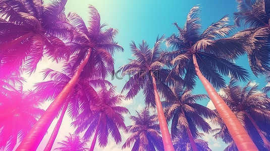 郁郁葱葱的热带棕榈树的详细视图，营造出令人惊叹的夏季背景，并带有复古 80 年代和 90 年代风格的优雅奢华 3D 插图