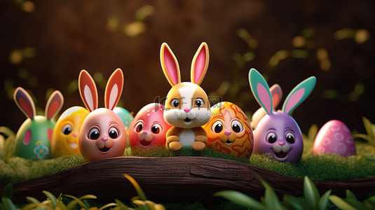 隐藏令人愉快的兔子耳朵和复制空间的复活节彩蛋的 3D 插图