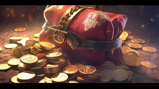 金币和纸币概念 3d 渲染堆积财富与红色钱袋