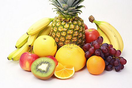 葡萄背景图片_一串水果的照片，包括一个菠萝一串葡萄和一个橙子